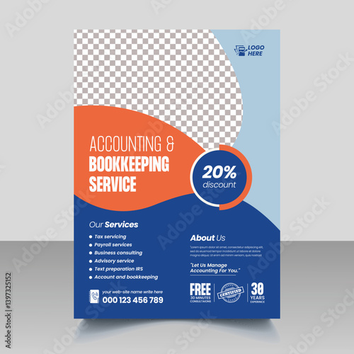 editable a4 size vertical print Flyer or Poster template for Accounting and Bookkeeping Services, Tax Preparation and Budget Management Leaflet brochure cover Template Design