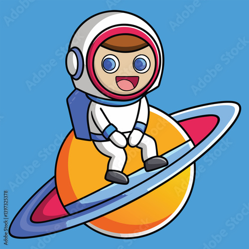 Cartoon astronaut sitting on saturn with a blue background vector