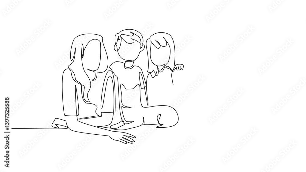 Self drawing animation of single continuous line drawing a pair of father and mother lying face down, boy and girl sitting on the floor. Happy together. National Pet Parents Day. Full length animated Self drawing animation of single continuous line drawing a pair of father and mother lying face down, boy and girl sitting on the floor. Happy together. National Pet Parents Day. Full length animated