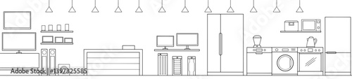 Electronics store interior graphic black white sketch long illustration vector 