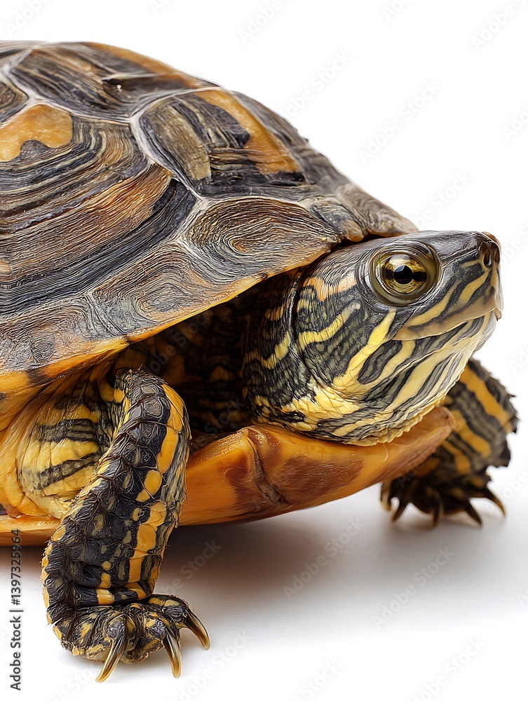 Obraz premium Turtle Portrait Close-up of Reptile Shell and Striped Neck