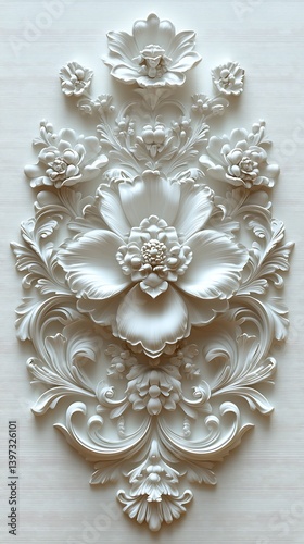 Elegant White Floral Relief Phone Wallpaper Intricate Central Flower and Smaller Blooms on Textured Background | Vertical HD Background