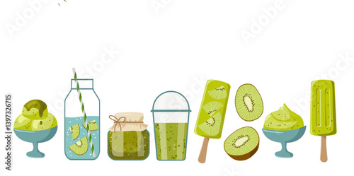 Kiwi food set isolated on white background. Summer cold, frozen juice, fruit ice, jam. Green ice creams, drinks, desserts, kiwi fruit. Culinary course concept, culinary school. Soft cool dessert