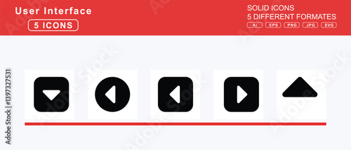 Set of 5 solid user interface icons,caret, square, right, up, car, garage, mechanic, carrot