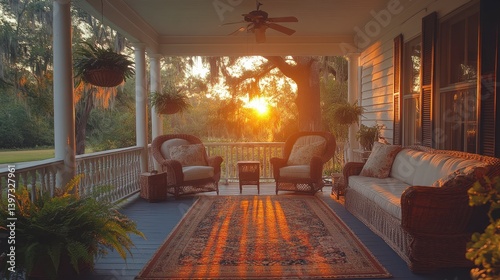 Porch at sunset, wicker furniture, fern plants, and golden light