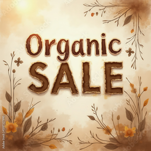 A decorative announcement highlights an organic sale, featuring a warm color palette and floral accents that emphasize the importance of natural products for healthier living