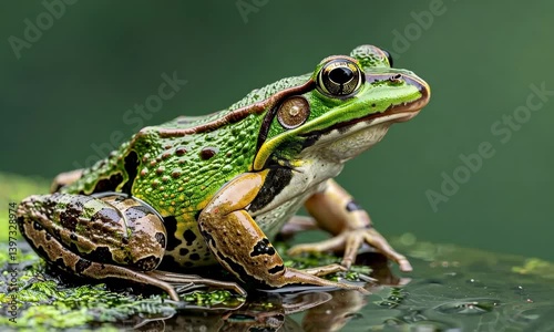 Closeup of a green frog with textured skin sitting on a mossy surface, captured in sharp detail against a natural green background in the wild.
 photo