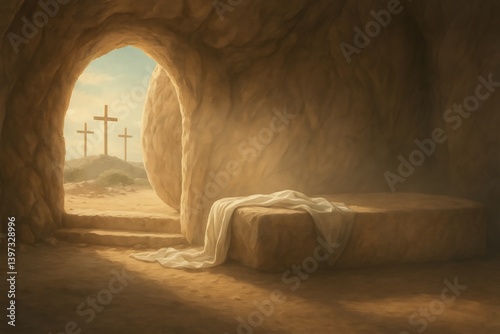 Sunlight illuminating the empty tomb of jesus christ, with a white shroud draped over the stone burial site and three distant crosses symbolizing resurrection