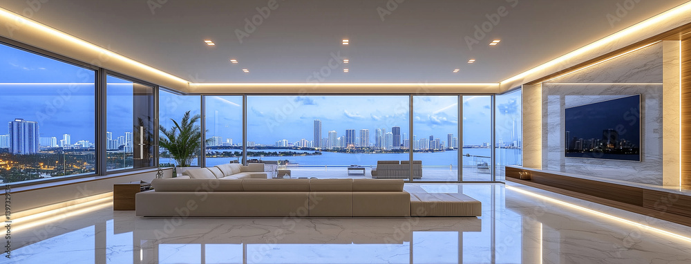 Fototapeta premium Modern luxury living room with panoramic cityscape view at sunset