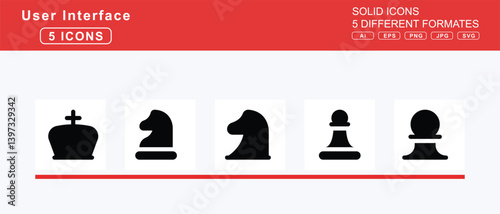 Set of 5 solid user interface icons,chess, board, clock, king