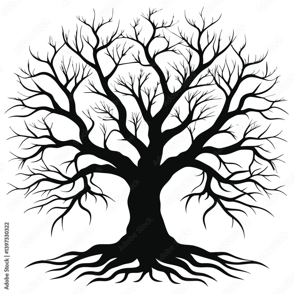 Obraz premium Silhouette Tree with Bare Branches and Extensive Root System on White Background