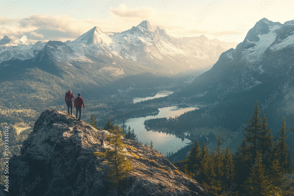Two hikers stand on a rocky peak admiring majestic, snow-capped mountains. Use for travel, adventure, and achieving goals in landscape photography.