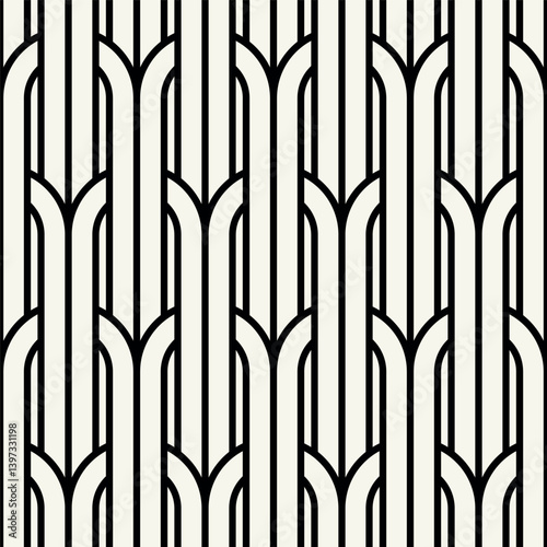 Vector seamless patterns set. Stylish modern geometric ornament. Geometric striped background with arches. Art deco thin monochrome swatches. Tileable prints with linear weaving arches.