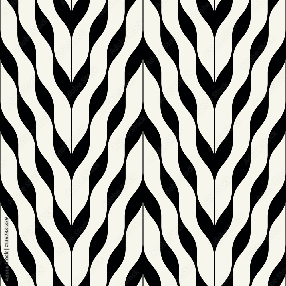 Vector seamless patterns set. Stylish modern geometric ornament. Geometric striped backgrounds with curved zigzag. Art deco bold monochrome swatches. Tileable prints with linear weaving arches.
