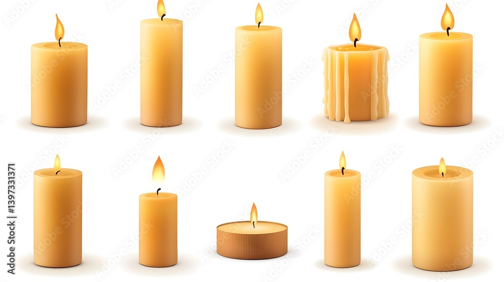 Isolated Burning Candles with Warm Glow on White Background Isolated Burning Candles with Warm Glow on White Background