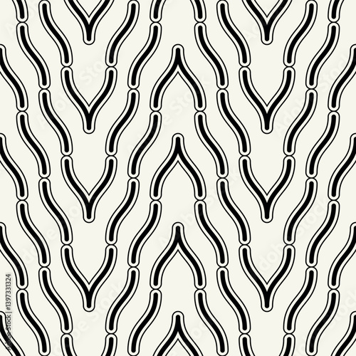 Vector seamless patterns set. Stylish modern geometric ornament. Geometric striped backgrounds with curved zigzag. Art deco bold monochrome swatches. Tileable prints with linear weaving arches.