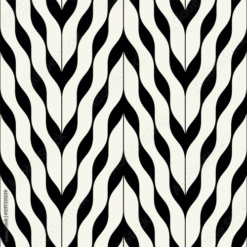 Vector seamless patterns set. Stylish modern geometric ornament. Geometric striped backgrounds with curved zigzag. Art deco bold monochrome swatches. Tileable prints with linear weaving arches.