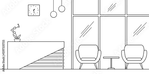 Reception in the office room graphic black white interior sketch illustration vector 