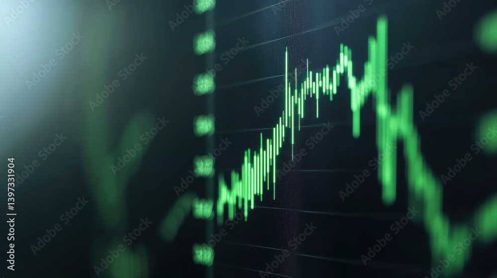 digital screen displays green financial data with fluctuating graphs, indicating market trends and analysis. glowing lines suggest dynamic changes in stock or currency values digital screen displays green financial data with fluctuating graphs, indicating market trends and analysis. glowing lines suggest dynamic changes in stock or currency values
