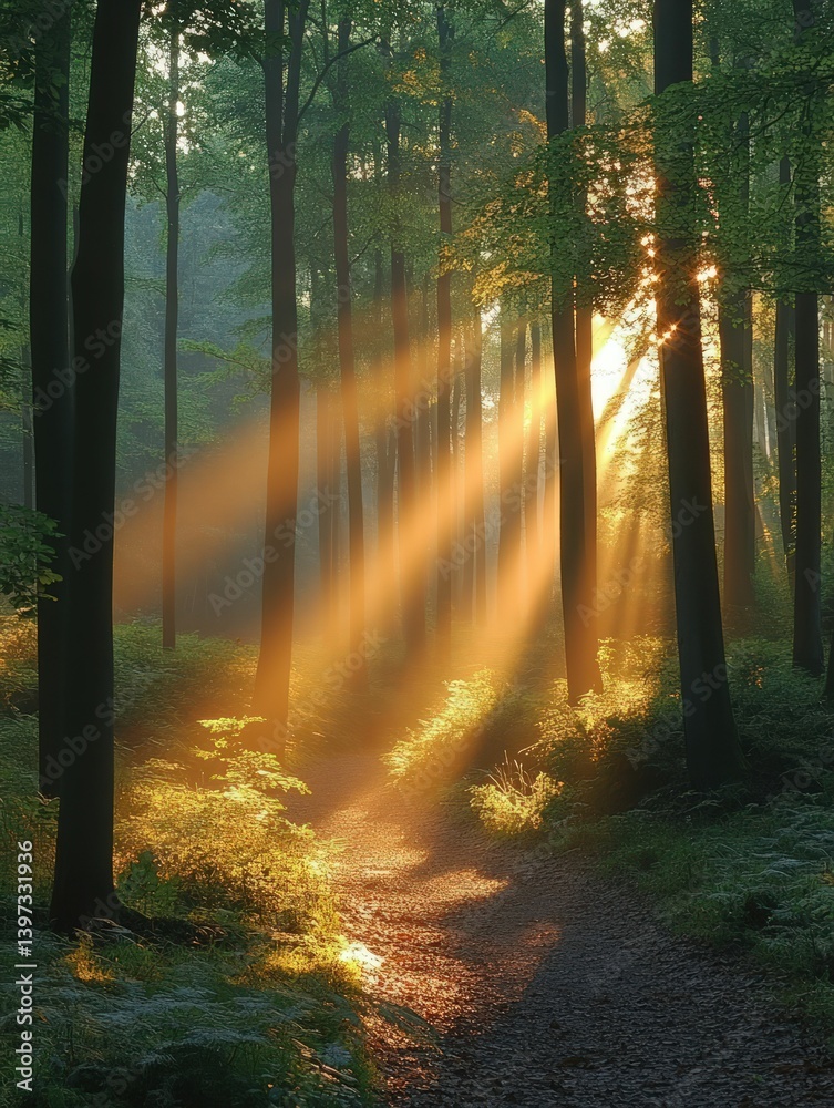 Obraz premium Forest path with sunlight streaming through trees.