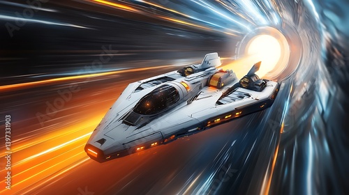 sci-fi concept with fast spaceship moving through dimensional light tunnel featuring glowing energy motion and advanced technology travel
