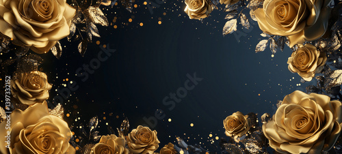 Golden floral background, red roses frame, red rose frame, frame of roses.