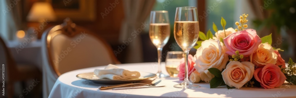 Elegant table with champagne glasses and flowers, wine, champagne Elegant table with champagne glasses and flowers, wine, champagne
