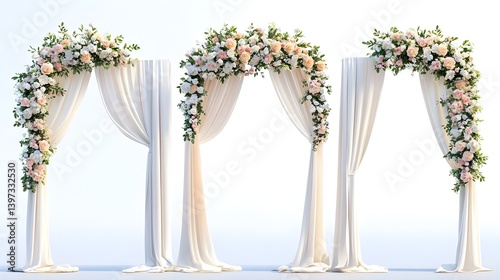Elegant Wedding Arches Decorated with Flowers on White Background