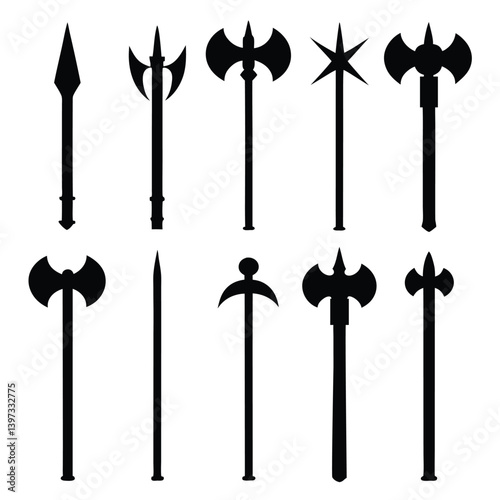 Battle Axe and Mace Vector Icons Silhouette Set.