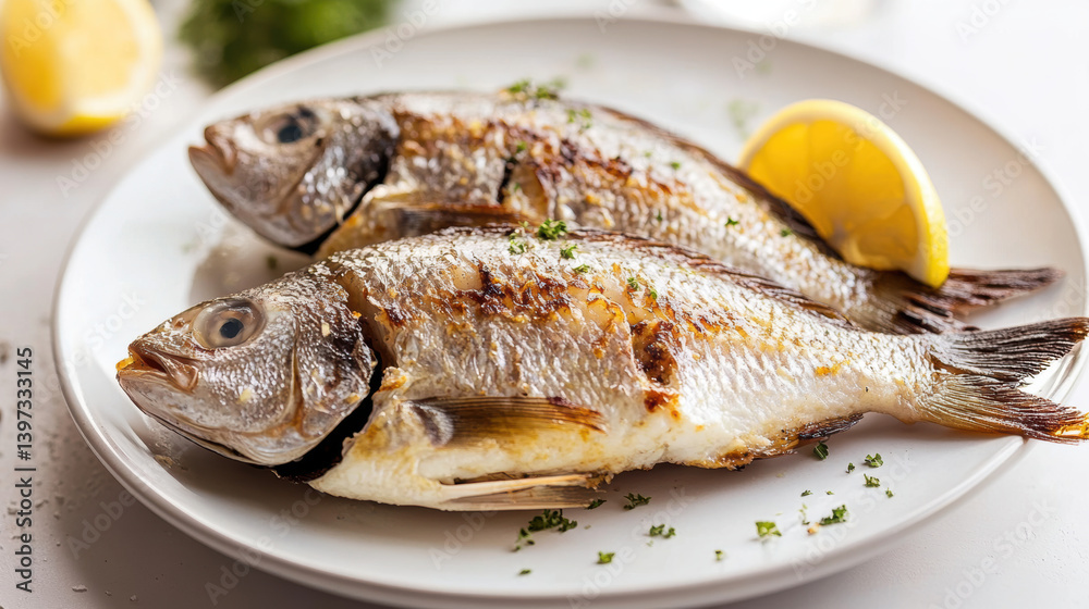 Two grilled fish garnished with herbs and lemon wedge on white plate, creating fresh and appetizing presentation. dish is set on light colored table, evoking sense of simplicity and elegance Two grilled fish garnished with herbs and lemon wedge on white plate, creating fresh and appetizing presentation. dish is set on light colored table, evoking sense of simplicity and elegance