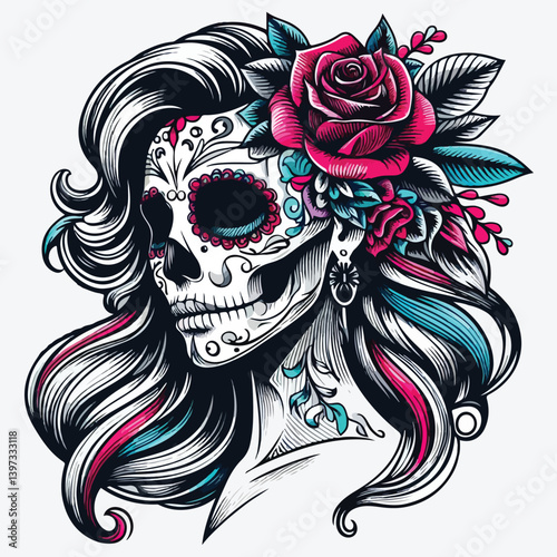 skull beauty tattoo girl monochrome logotype stock illustration