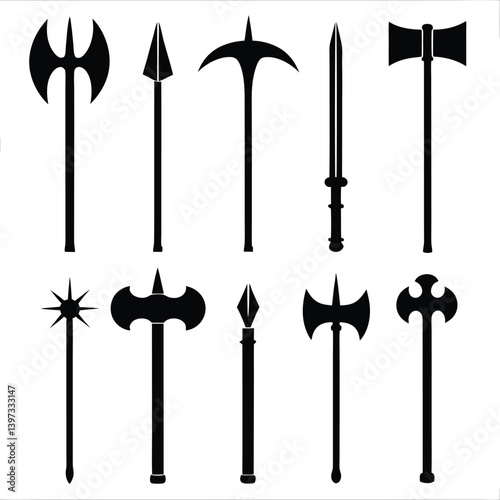 Battle Axe and Mace Vector Icons Silhouette Set.