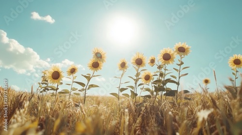 Vibrant Sunflowers Standing Tall Beneath the Open, Sunny Sky