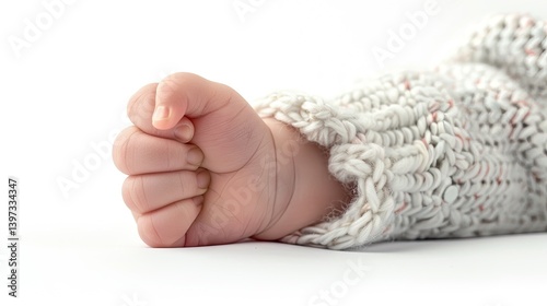 Photorealistic baby hand with thumb up, white background