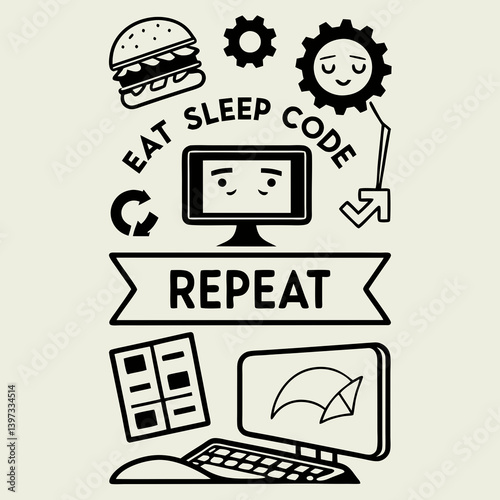 Eat Sleep Code Repeat Programmer Cartoon Burger Computer Gears Black and White Design