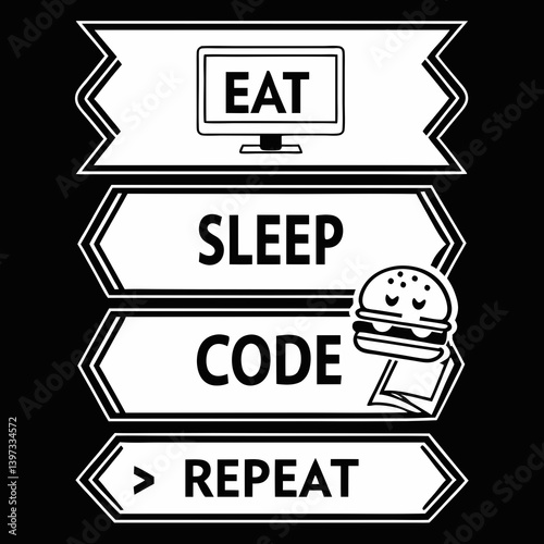 Funny Programmer Black and White Cartoon Coding T-Shirt - Eat Sleep Code Repeat