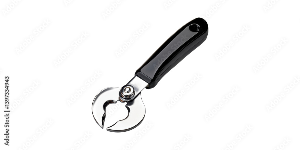 Stainless Steel Can Opener With Black Handle. Essential Kitchen Tool For Easy Can Opening Isolated On Transparent Background Stainless Steel Can Opener With Black Handle. Essential Kitchen Tool For Easy Can Opening Isolated On Transparent Background