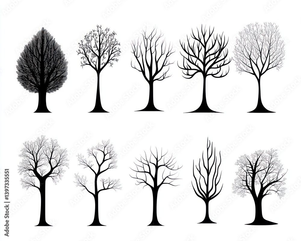 Obraz premium Ten bare winter trees silhouettes; design element