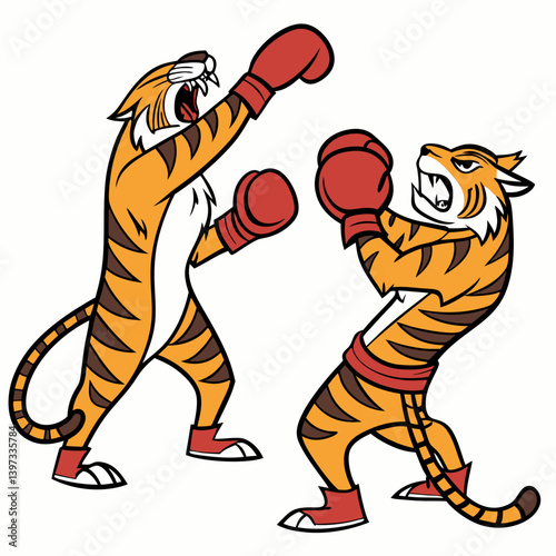 Funny Comic Cartoon Boxing Tigers Boxing Match Action Vintage Style Vector Art Illustration