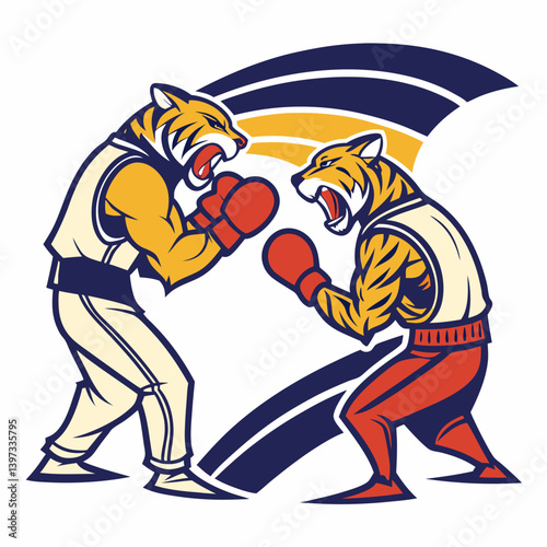 Retro Vintage Cartoon Boxing Tigers Vector Art - Two Tiger Boxers Boxing Sport Mascot Logo Graphic Illustration Artwork Image