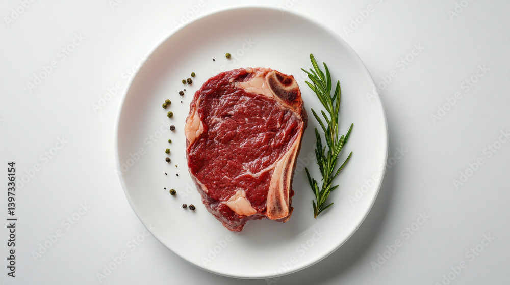 fresh, raw steak sits on white plate, garnished with rosemary and peppercorns, creating simple yet elegant presentation. marbling on steak suggests tenderness and flavor fresh, raw steak sits on white plate, garnished with rosemary and peppercorns, creating simple yet elegant presentation. marbling on steak suggests tenderness and flavor
