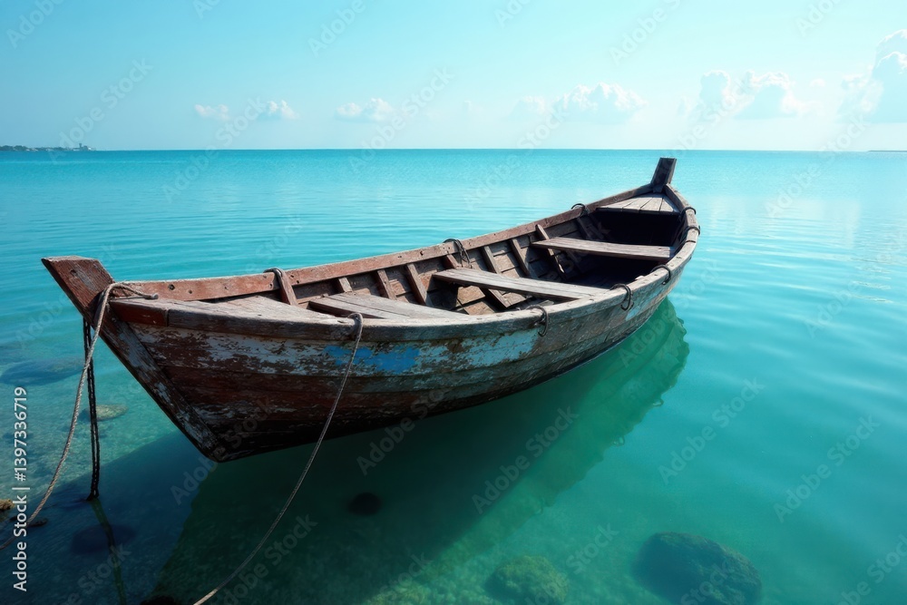 Distressed wooden boat docked in a calm sea, weathered wood, dock Distressed wooden boat docked in a calm sea, weathered wood, dock