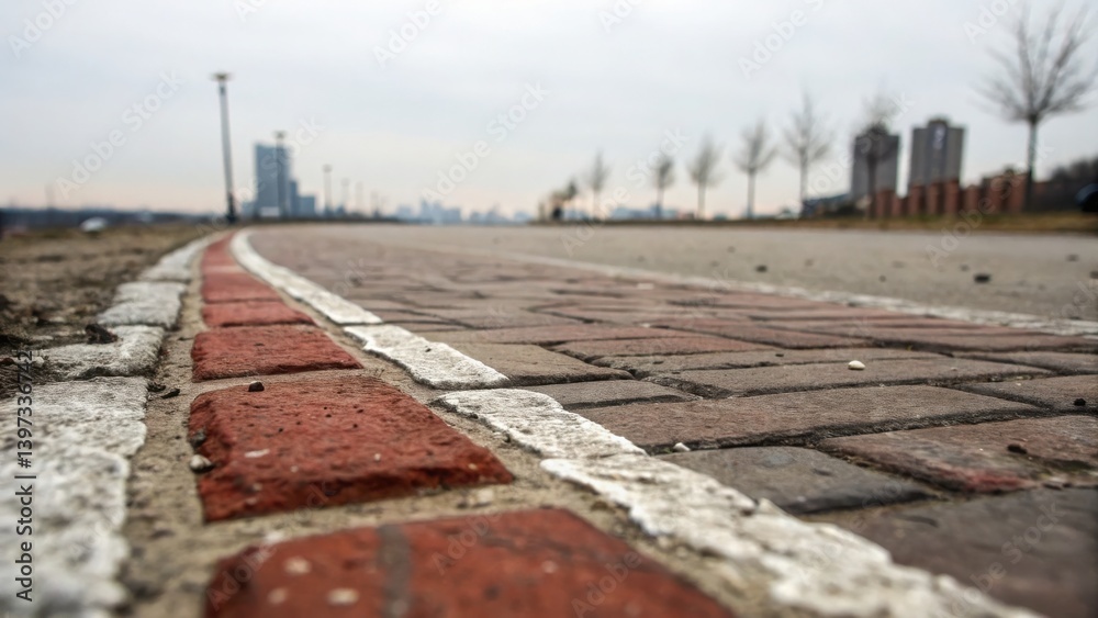 Fototapeta premium Landscape Concept. Close-Up View of Red Brick Sidewalk Edge with Urban Landscape in the Background