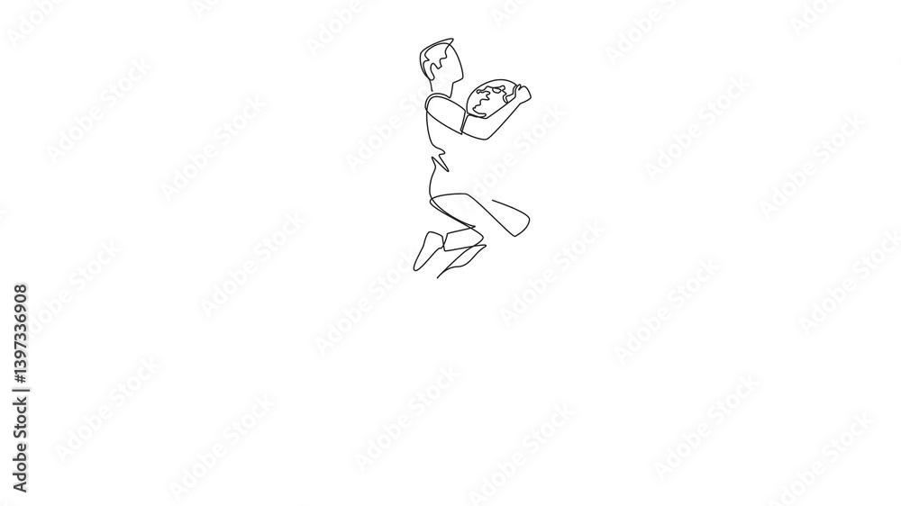 Self drawing animation of continuous one line drawing a man in casual clothes jumps while holding a globe. Captivating attractions. Connecting communities. We Jump The World Day. Full length animated