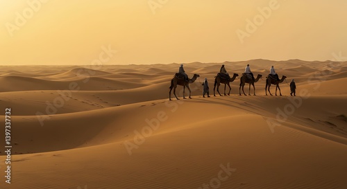 Riding Camels Through Desert Sand Dunes at Sunset