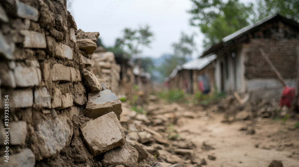 rural village shows aftermath of earthquake, with damaged homes and debris scattered along dirt path, evoking sense of devastation and resilience