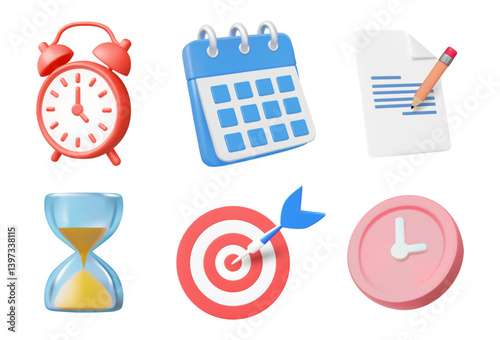 3D Illustration Vector Render Set of Alarm Clock Icon, Calendar, Notepad with Pencil, Hourglass, Goal Board Isolated on White. Concept of Time Management, Goal Setting and Effective Planning.