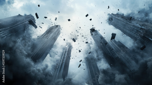 Tall skyscrapers collapse amid massive earthquake, with debris and dust filling air, creating dramatic and chaotic scene. image captures power and destruction of natural disasters