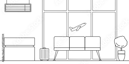 Airport interior graphic black white sketch illustration vector 