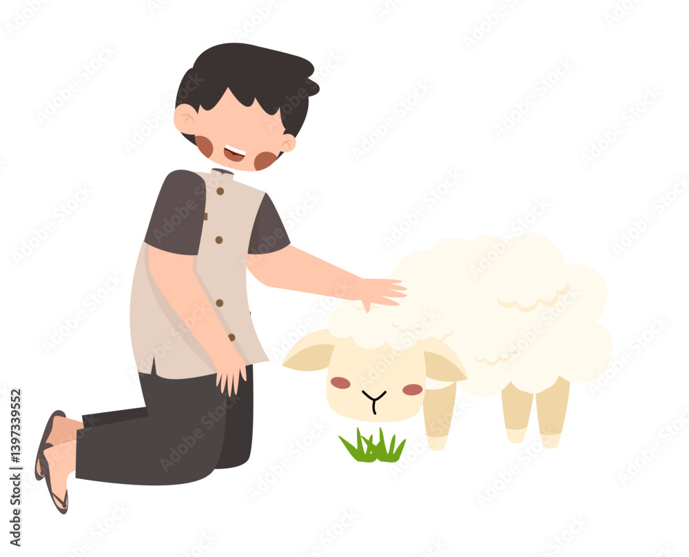 Boy Kneeling, Gently Stroking Fluffy White Lamb, Eid al-Adha Illustration Illustration for Eid Al Adha Hajj and Umroh Islamic Boy Kneeling, Gently Stroking Fluffy White Lamb, Eid al-Adha Illustration Illustration for Eid Al Adha Hajj and Umroh Islamic